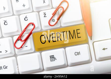 Text caption presenting Overtime. Business approach Time or hours worked in addition to regular working hours Typing Game Program Codes, Programming Stock Photo