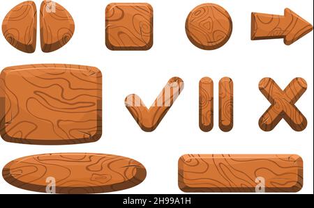 Game wood buttons. Wooden arrow 2d panel plank menu, ui interface, sign play, cartoon board, brown mobile gaming texture background, set icon tidy vector illustration. Wood texture banner Stock Vector