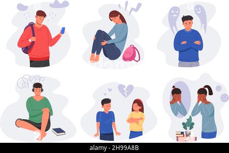 Depressed students. Sad emotions child school stress, lonely boy, crying upset teen, hate abuse woman girl, angry friend, feel introvert, unhappy characters vector. Illustration of young emotion upset Stock Vector