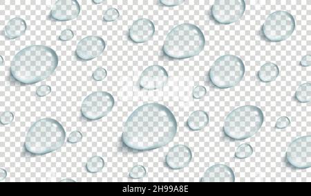 Clear round waterdrops. Realistic transparent water drops with shadow, isolated droplet top, rain 3d glass ball, round spray fresh liquid, white tidy vector illustration. Realistic waterdrop bubble Stock Vector