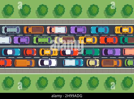 Traffic jam top view. Many cars on highway, different vehicles from above. Auto vector infographic Stock Vector