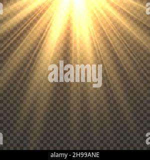 Sunlight isolated. Sun light effect golden sun rays radiance. Yellow bright beams fiery sunset sunshine illustration Stock Vector