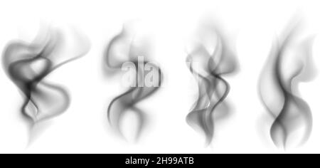 Black smoke. Transparent smoking clouds hot food steam cigarette tea coffee smoke steaming texture vector set Stock Vector