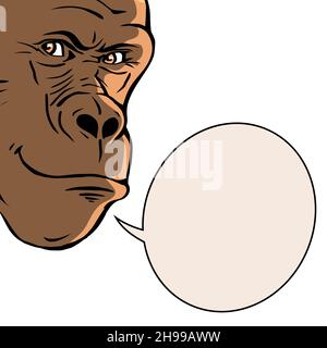 Gorilla head on a white background. A sly smile on his face. Wild animal primate. Character speech. Bobble with place for text. Vector isolated illust Stock Vector