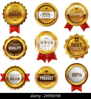 Gold badges seal quality labels. Sale medal badge premium stamp golden genuine emblem guarantee round vector set Stock Vector