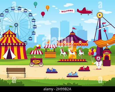 Amusement park. Attractions entertainment joyful amuse carnival fun circus carousel game funfair landscape background Stock Vector