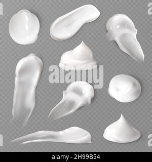 Realistic cosmetic cream smears. White creamy drop skincare cream product lotion thick fresh smooth smear vector texture Stock Vector