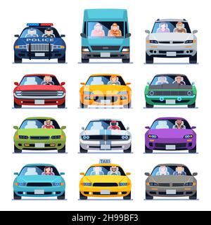 Car front view. Auto automotive people man woman child family urban drivers traffic vehicles driving cars set flat set Stock Vector