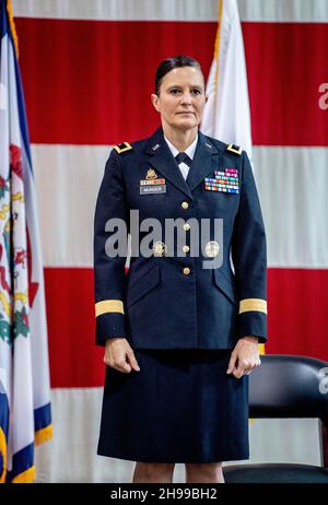 Charleston, United States. 02 December, 2021. West Virginia National Guard Col. Michaelle M. Munger during her promotion to the rank of Brigadier General during a ceremony at Joint Forces Headquarters, December 2, 2021 in Charleston, West Virginia. Munger became the first female general officer in the history of the West Virginia Army National Guard.  Credit: Edwin L. Wriston/DOD/Alamy Live News Stock Photo