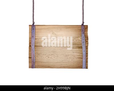 Wooden sign board hanging on ropes isolated on white. Dark rectangular billboard made of weathered planks and decorated with forged metal stripes. Stock Photo