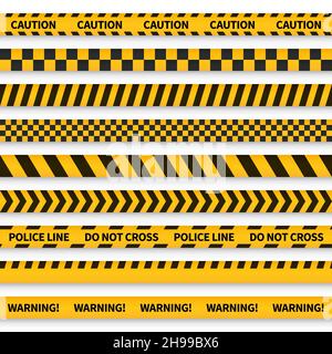 Police tape. Yellow taped barricade warning danger police stripes crime safety line attention border barrier, flat set Stock Vector