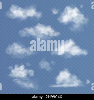 Realistic cloud. White clouds fluffy sky fog clouding isolated on transparent blue sky background vector set Stock Vector