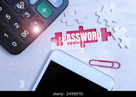 Sign displaying Password. Word for secret word phrase must used gain admission to place or network Building An Unfinished White Jigsaw Pattern Puzzle Stock Photo
