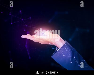 Abstract Networking Concept Background with Young man Hand. Technology and Network dots connecting backdrop design Stock Photo