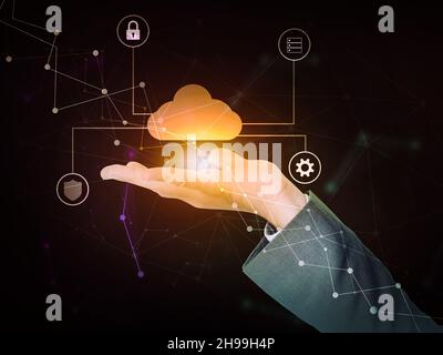 Secure Cloud Computing and Networking Concept Background. Futuristic Technology backdrop with Glowing Cloud and Icons Stock Photo