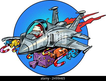 Santa Claus is flying on a stormtrooper plane with gifts instead of bombs. Christmas and New Year winter holidays Stock Vector