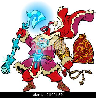 Santa Claus with an ice axe. A fabulous warrior character. Christmas and New Year winter holidays Stock Vector