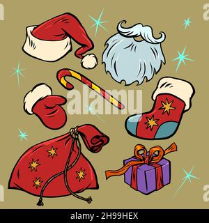 Santa Claus clothing set of items, collection. Christmas and New Year winter holidays Stock Vector