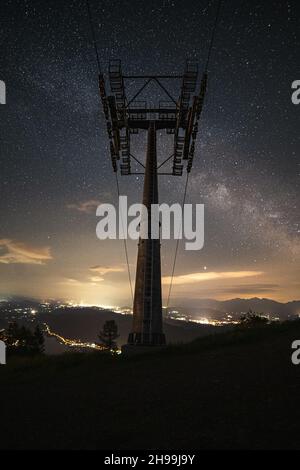 Ski lift pylon and milky way Stock Photo