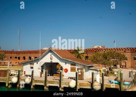 Visitor Dock; Arriving at Dry Tortugas National Park, off of Key West, Florida, USA. Stock Photo