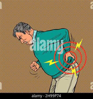 an elderly man back pain, osteochondrosis hernia sprain sciatica and other diseases of the spine and internal organs Stock Vector