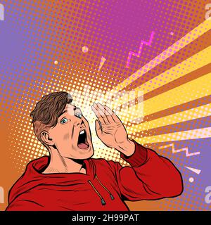 a young man shouts an announcement of pop art, advertising template poster style Stock Vector