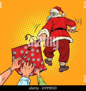 People want to rob Santa Claus of a bag of gifts. Excitement holiday discounts and sales. Christmas and New Year winter holidays Stock Vector