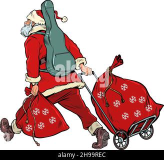 Santa Claus is a musician with a guitar going on tour. Christmas and New Year, winter seasonal holiday in December Stock Vector