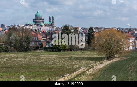 Berchem Sainte Agathe, Brussels Capital Region, Belgium 03 05 2018: Panoramic view over the green fields and meadows of Hoogveld with residentail hous Stock Photo