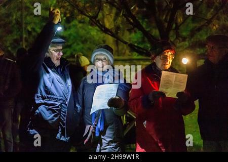 Warrington, Cheshire, UK. 05 December 2021 - Walton, near Warrington, Cheshire, has a gathering where Christmas Carols are sung and Father Christmas arrives to meet children and turn on the tree lights Credit: John Hopkins/Alamy Live News Stock Photo