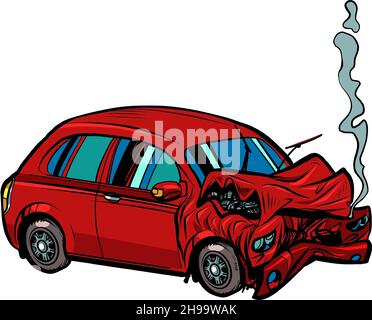 A red car crashed in an accident. Passenger transport. Danger on the road Stock Vector