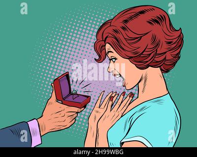 A man gives a woman an engagement ring, Joyful girl Stock Vector