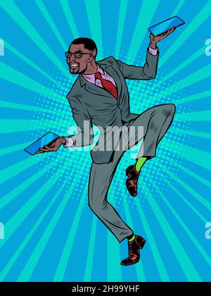 african Businessman with two smartphones, funny dance pose of joy Stock Vector
