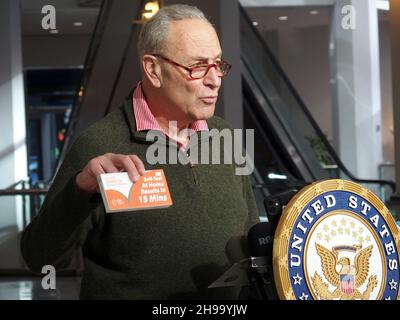 December 5, 2021, New York, New York, USA: New York Senator Charles ''Chuck'' Schumer press conference on  COVIDâ€™s Omicron variant spreading, U.S. Senator Charles Schumer said the key to controlling it centers around the at-home tests now for sale across the country. Schumer praised President Biden for prepping a plan to be released on January 15th that will have insurance companies reimburse for the cost of an at-home testâ€”but, he said, while we wait, he wants a surge of rapid at-home tests sent to New York community health centers and their mobile sites, across the City and Long Island. Stock Photo