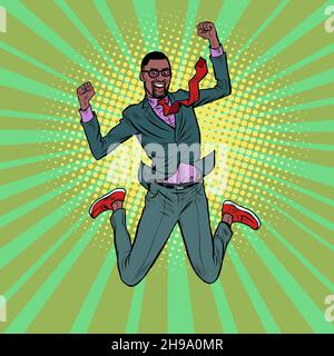 black Businessman jump of joy, victory. Successful dent. Man in a business suit in a funny pose of joy Stock Vector