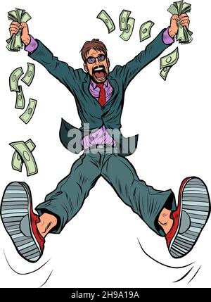 A joyful businessman with cash. Wealth lottery winnings bank income Stock Vector