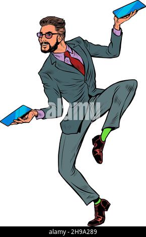 Businessman with two smartphones, funny dance pose of joy Stock Vector