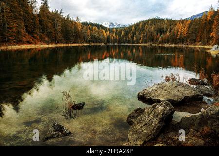 View of the Eibsee lake near Garmisch-Partenkirchen, Germany. Multicolored texture painting Stock Photo