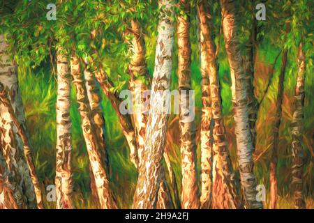 Green birch forest at sunrise, Multicolored texture painting Stock Photo