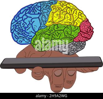 Businessman hand holding smartphone with AI brain. Artificial intelligence technology concept. Vector hand drawn artistic illustration on white backgr Stock Vector