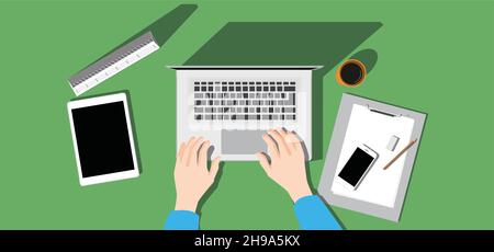 Illustration of the work space scene on the desk. topview hand on the table. Stock Vector