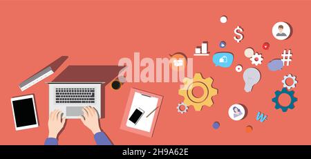 Illustration of the work space scene on the desk. topview hand on the table. Stock Vector