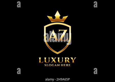 AZ elegant luxury monogram logo or badge template with scrolls and royal crown - perfect for luxurious branding projects Stock Vector