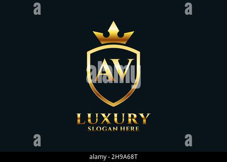 AV elegant luxury monogram logo or badge template with scrolls and royal crown - perfect for luxurious branding projects Stock Vector