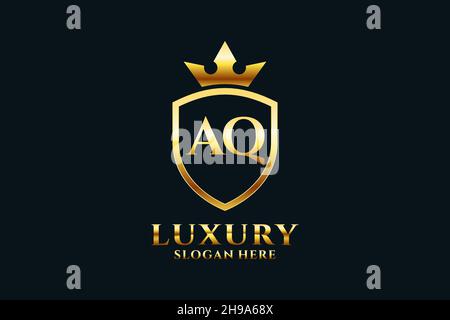 AQ elegant luxury monogram logo or badge template with scrolls and royal crown - perfect for luxurious branding projects Stock Vector
