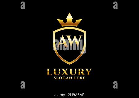 AW elegant luxury monogram logo or badge template with scrolls and royal crown - perfect for luxurious branding projects Stock Vector