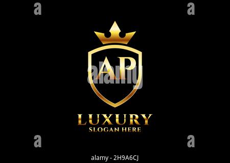 AP elegant luxury monogram logo or badge template with scrolls and royal crown - perfect for luxurious branding projects Stock Vector