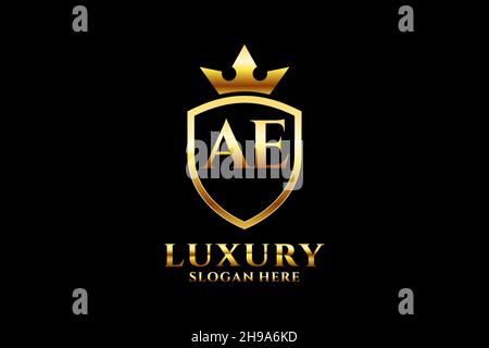 AE elegant luxury monogram logo or badge template with scrolls and royal crown - perfect for luxurious branding projects Stock Vector
