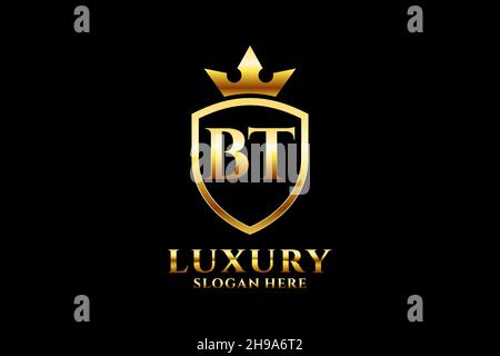 BT elegant luxury monogram logo or badge template with scrolls and royal crown - perfect for luxurious branding projects Stock Vector