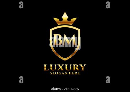 BM elegant luxury monogram logo or badge template with scrolls and royal crown - perfect for luxurious branding projects Stock Vector